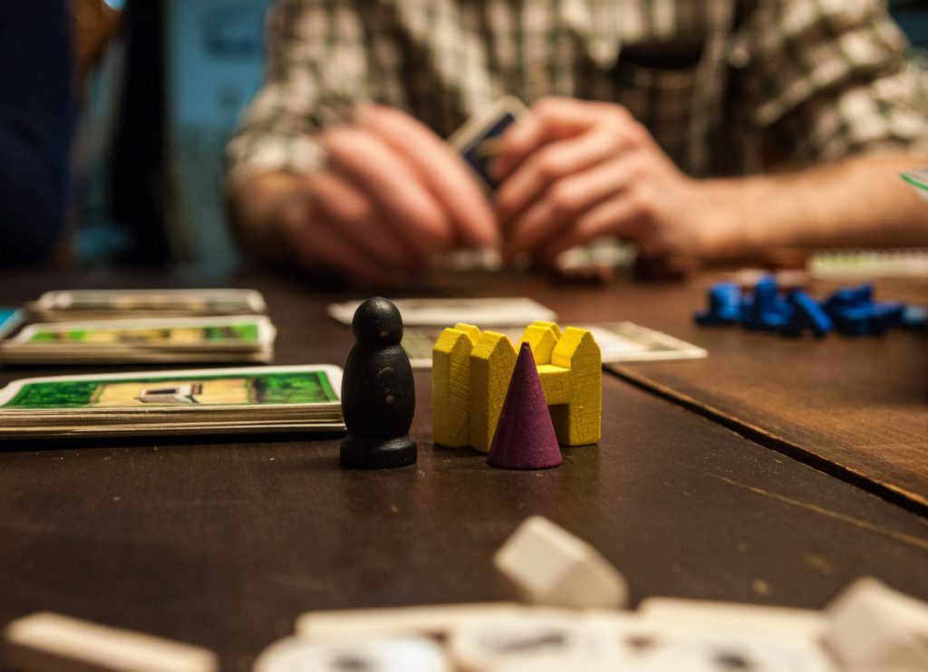 Board game pieces on table