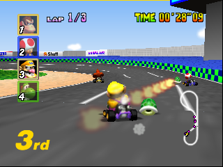 Mario Kart 64 Wario firing green shell