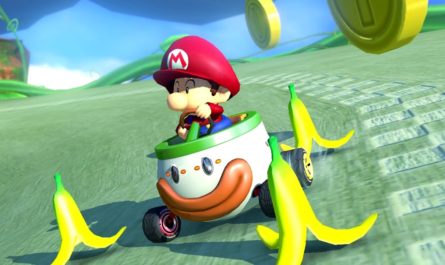Baby Mario surrounded by banana peels in Mario Kart 8