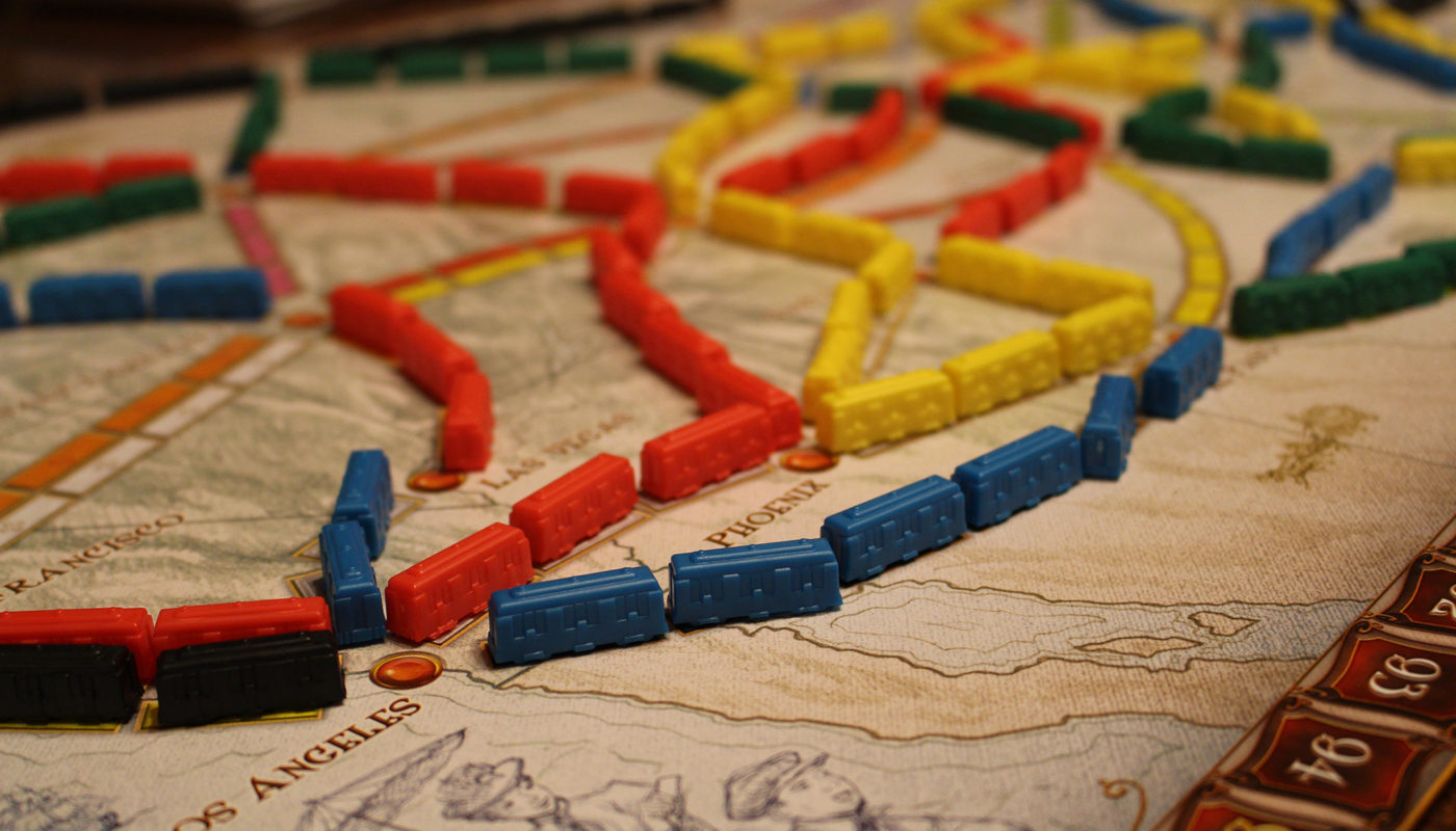 Ticket to Ride game board with trains