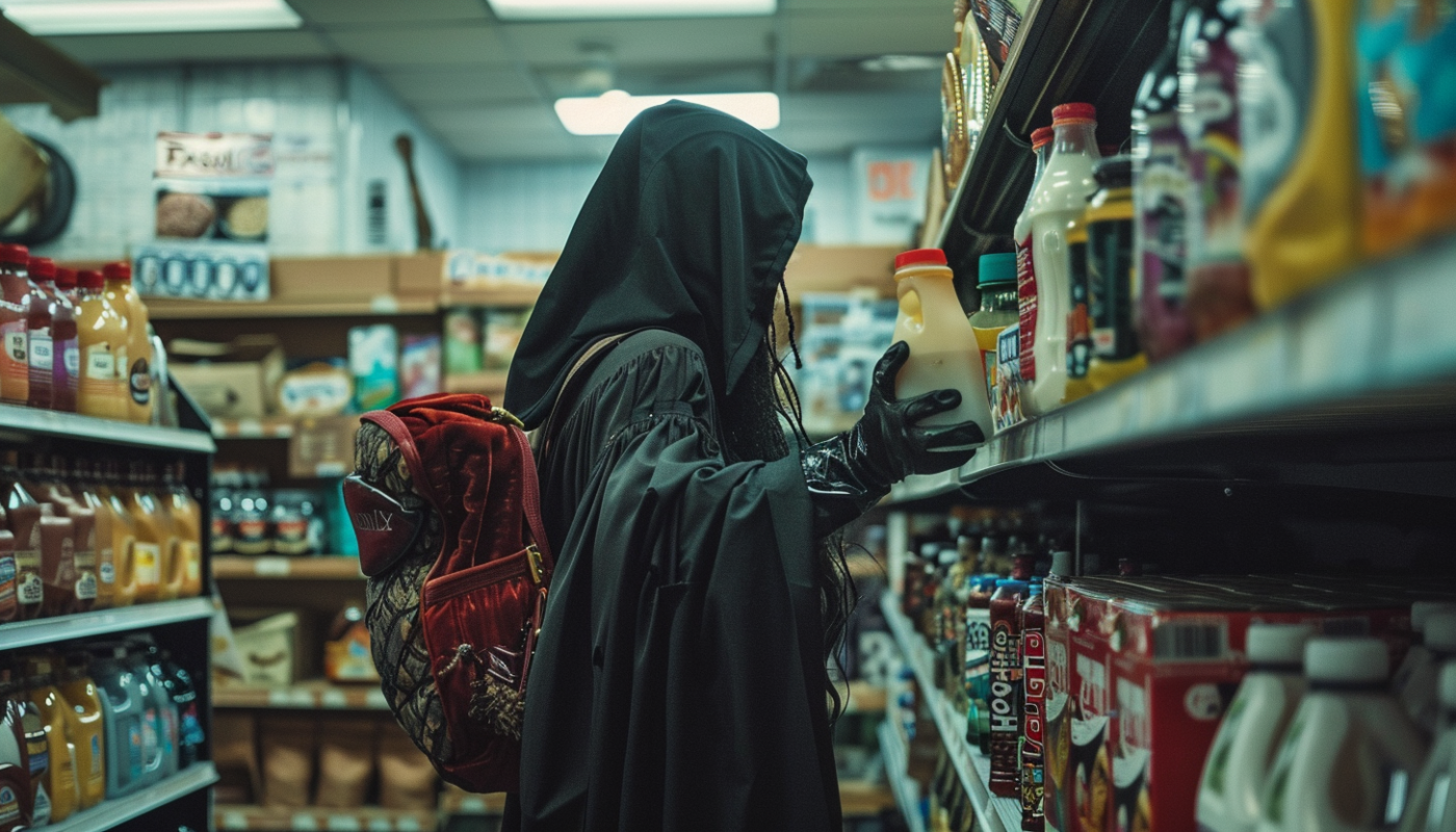 Cosplayer buying groceries