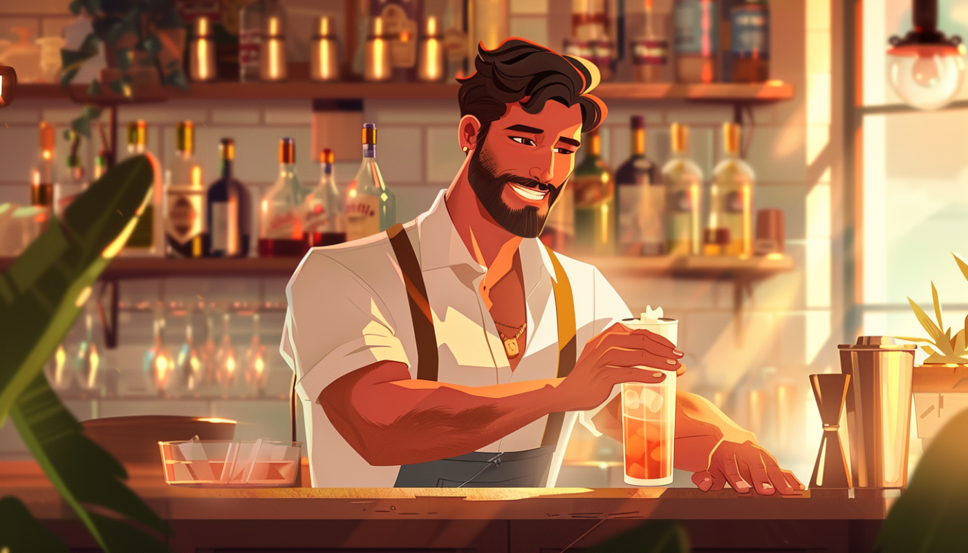 Cartoon of man mixing drink in home bar