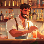 Cartoon of man mixing drink in home bar