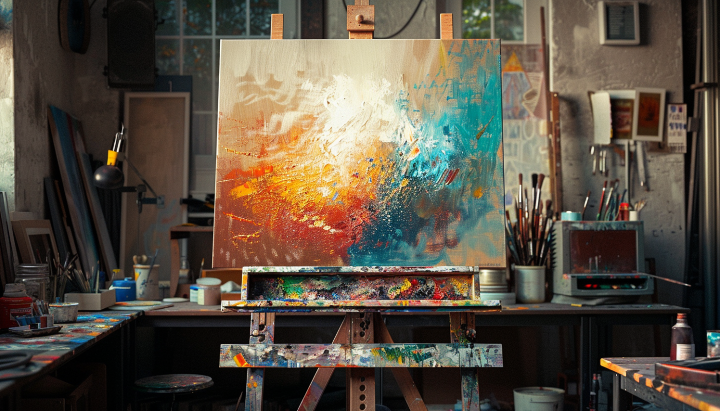 Home paint studio, abstract painting on easel
