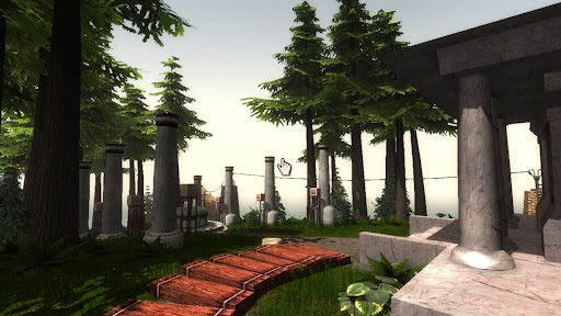 Myst Screenshot of wooden steps and marble building