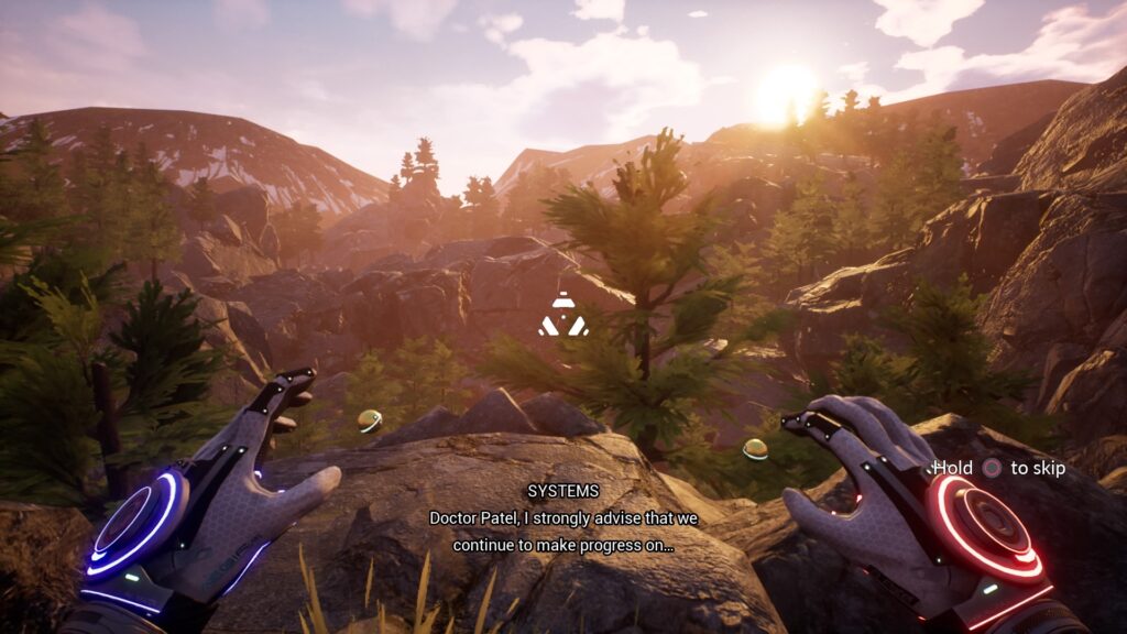 Relicta screenshot with dialogue overlay