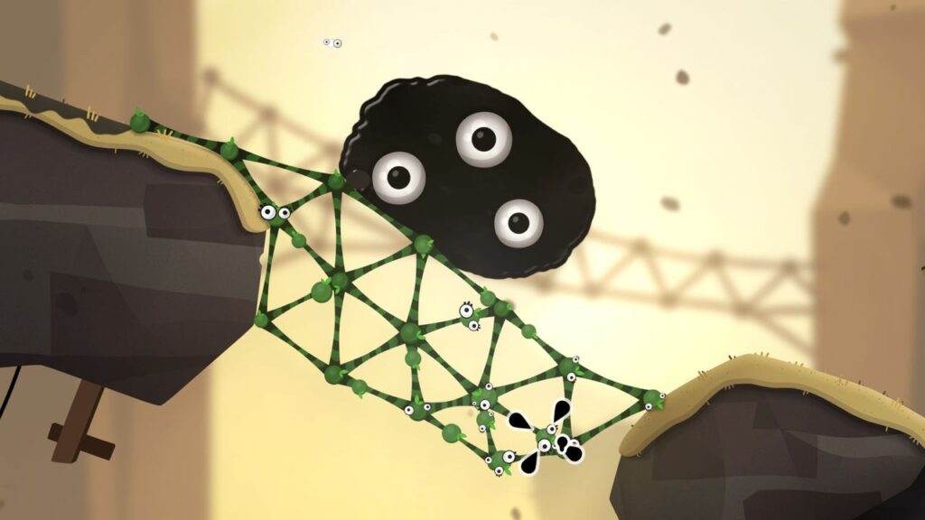 Screenshot from World of Goo 2 with living rock rolling down bridge